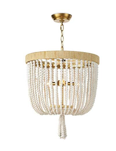 Milos Chandelier Gold ring with white beaded strings draped down and converging to a certer point